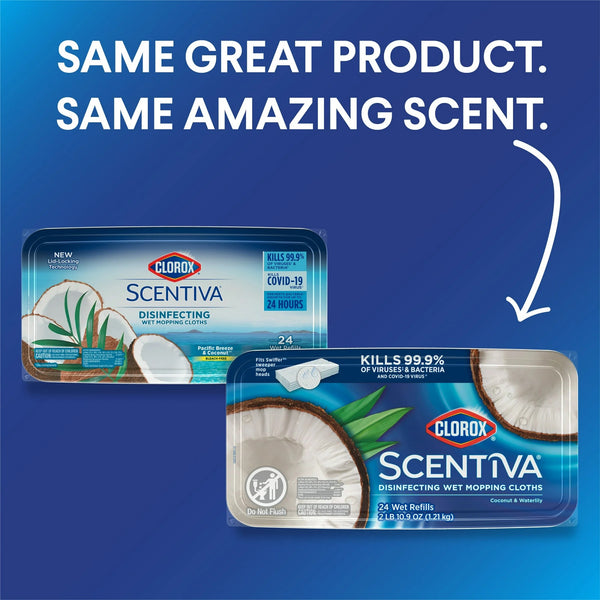 Scentiva Disinfecting Wet Mop Pads, Coconut & Waterlily - 1 pack - 24 count per pack - plus 3 My Outlet Mall Resealable Storage Pouches