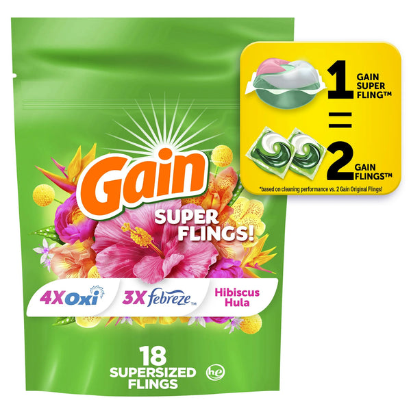 Super-Sized Flings Laundry Detergent Packs, Hibiscus Hula Scent- 2 pack - 18 countper pack - plus 3 My Outlet Mall Resealable Storage Pouches