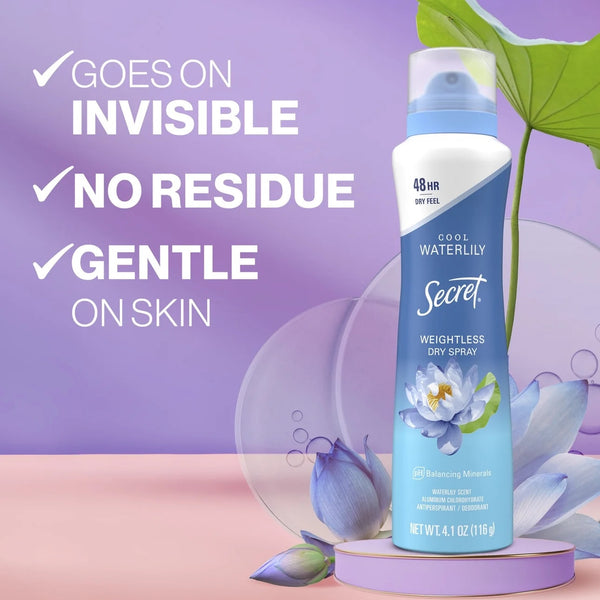 Dry Spray Antiperspirant Deodorant, Waterlily and Argan Oil - 2 packs - 4.1 oz per pack - plus 3 My Outlet Mall Resealable Storage Pouches