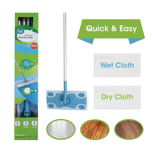 Wet & Dry Mop Sweeper Kit (1 Mop Kit, 10 Pad Refills) - 2 packs - plus 3 My Outlet Mall Resealable Storage Pouches