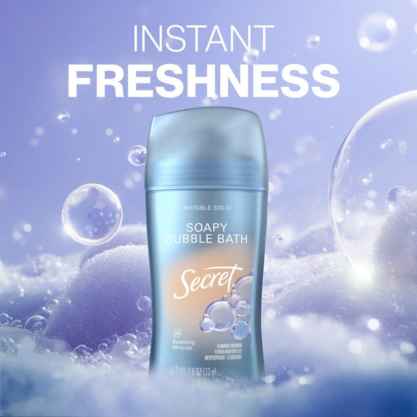 Fresh Invisible Solid Antiperspirant Deodorant for Women, Bubble Bath Scent - 1 pack - 2.6 oz per pack - plus 3 My Outlet Mall Resealable Storage Pouches