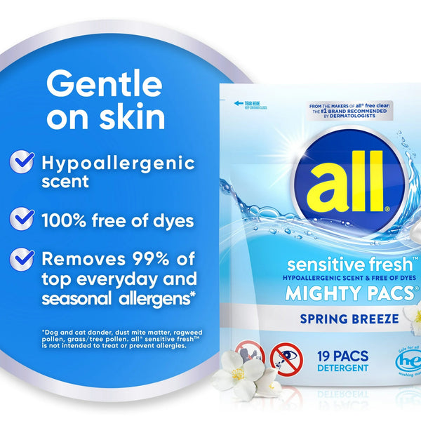 Sensitive Fresh Mighty Pacs Laundry Detergent Pacs, Hypoallergenic Spring Breeze Scent, Gentle for Sensitive Skin, HE Compatible - 2 packs - 19 Count - plus 3 My Outlet Mall Resealable Storage Pouches