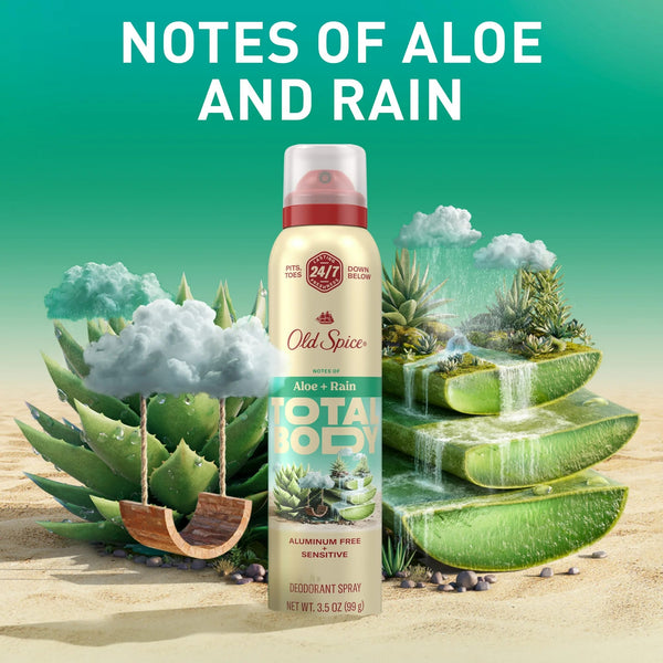 Whole Body Deodorant for Men, Total Body Deodorant, Aloe + Rain, Aluminum Free Spray for 24/7 Freshness - 1 pack - 3.5 oz per pack - plus 3 My Outlet Mall Resealable Storage Pouches