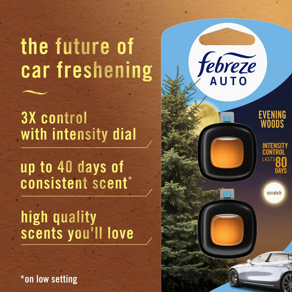 Auto Car Air Freshener, Odor-Fighting Car Vent Clip, Evening Woods, 2 Count - 1 pack - plus 3 My Outlet Mall Resealable Storage Pouches