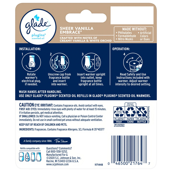 PlugIns Scented Oil, Sheer Vanilla Embrace, Infused with Essential Oils, 0.67 oz - 2 packs - 2 Count  per pack - plus 3 My Outlet Mall Resealable Storage Pouches