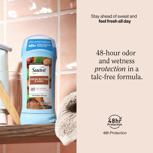 Antiperspirant Deodorant For Women, 48hr Protection, Cocoa Butter & Shea - 3 packs - 2.6 oz per pack - plus 3 My Outlet Mall Resealable Storage Pouches