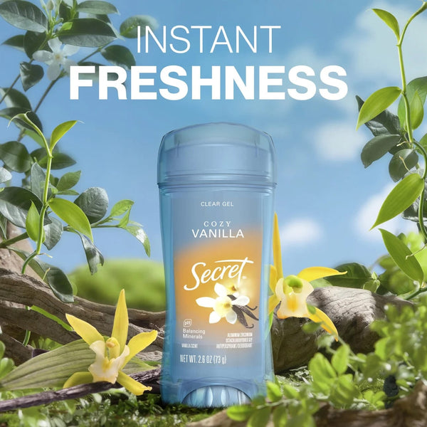 Fresh Clear Gel Antiperspirant Deodorant for Women, Cozy Vanilla Scent - 2 packs - 2.6 oz per pack - plus 3 My Outlet Mall Resealable Storage Pouches