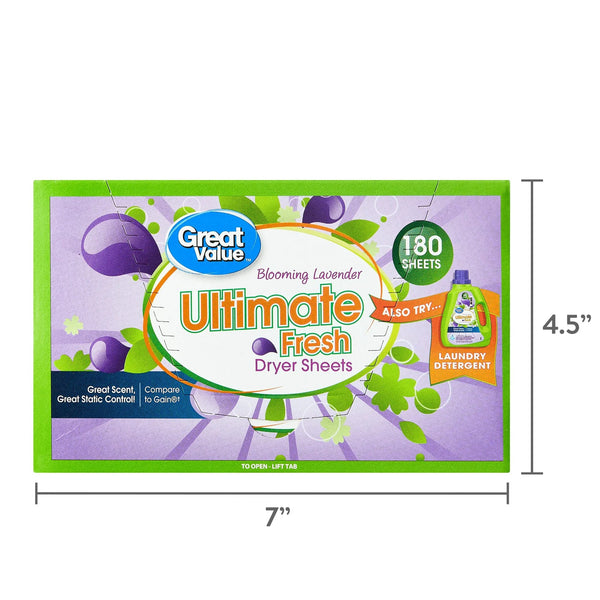 Ultimate Fresh Dryer Sheets, Blooming Lavender, Compare to Gain - 3 packs - 180 Count - plus 3 My Outlet Mall Resealable Storage Pouches