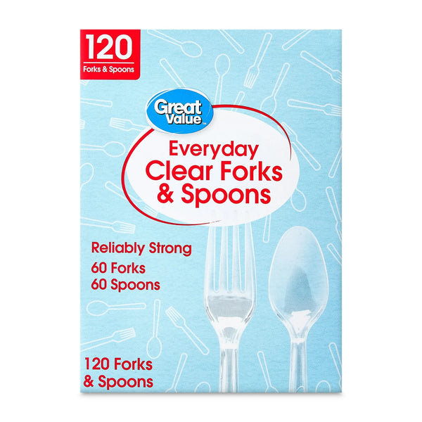 Plastic Everyday Clear Fork and Spoon Combo - 1 pack - 120 Count per pack - plus 3 My Outlet Mall Resealable Storage Pouches