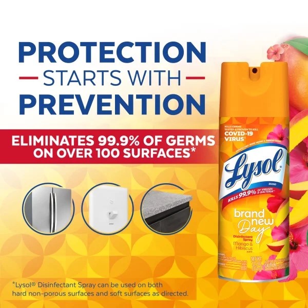 Disinfectant Spray, Sanitizing and Antibacterial Spray, For Disinfecting and Deodorizing, Brand New Day - Mango & Hibiscus - 1 pack - 12.5 oz per pack - plus 3 My Outlet Mall Resealable Storage Pouches