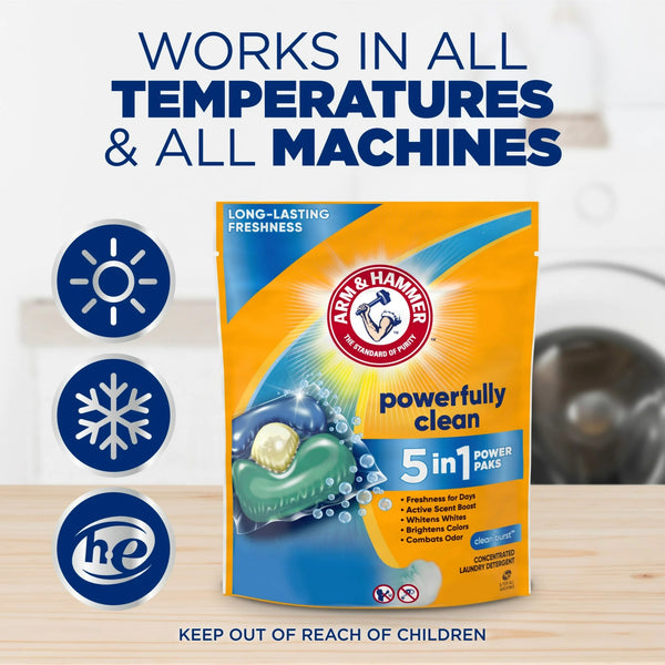 Clean Burst 5-in-1 Laundry Detergent Power Paks, Powerfully Clean, Clean Burst Scent - 2 packs - 42 Count - plus 3 My Outlet Mall Resealable Storage Pouches