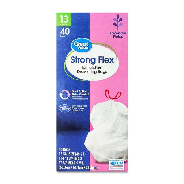 Strong Flex 13-Gallon Drawstring Tall Kitchen Trash Bags, Lavender Fields - 1 pack - 40 Count per pack - plus 3 My Outlet Mall Resealable Storage Pouches