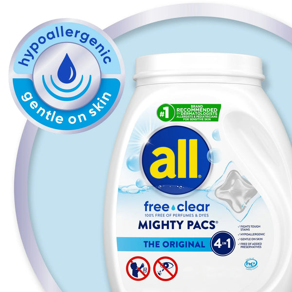 Mighty Pacs Laundry Detergent Pacs, Free Clear for Sensitive Skin, Unscented and Dye Free - 1 pack - 19 Count - plus 3 My Outlet Mall Resealable Storage Pouches