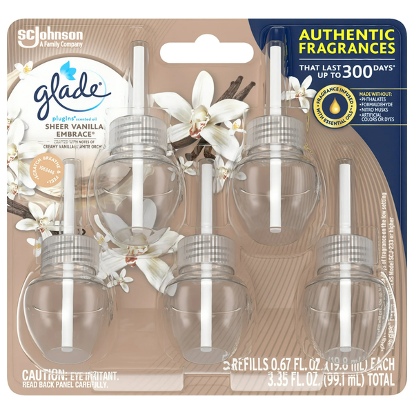 PlugIns Scented Oil, Sheer Vanilla Embrace, Infused with Essential Oils, 0.67 oz - 2 packs - 5 Count  per pack - plus 3 My Outlet Mall Resealable Storage Pouches