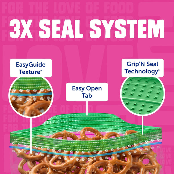 Snack Bags with Easy Guide Texture, Grip 'n Seal Technology - 1 pack - 100 Count per pack - plus 3 My Outlet Mall Resealable Storage Pouches