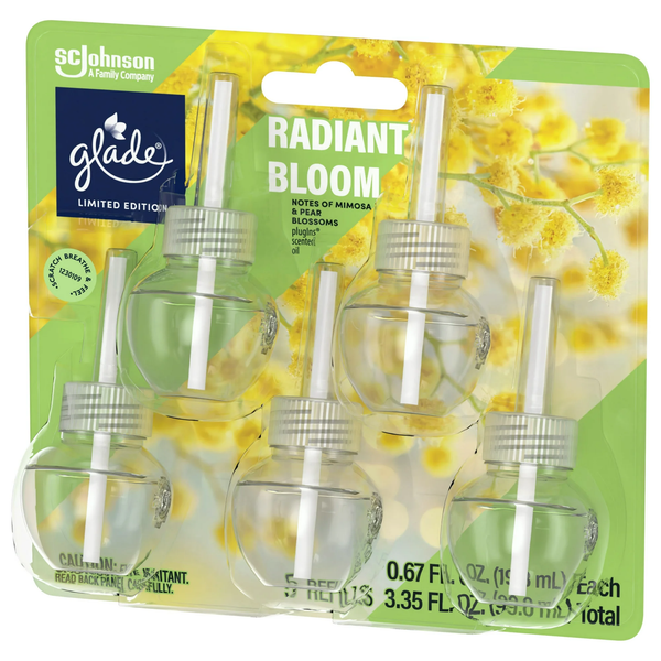 PlugIns Scented Oil Air Freshener, Radiant Bloom Limited Edition, 3.35 oz - 2 packs - 5 Count  per pack - plus 3 My Outlet Mall Resealable Storage Pouches