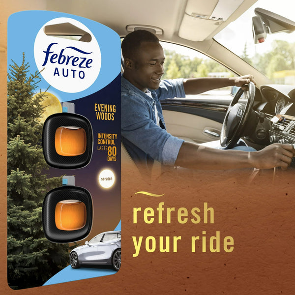 Auto Car Air Freshener, Odor-Fighting Car Vent Clip, Evening Woods, 2 Count - 1 pack - plus 3 My Outlet Mall Resealable Storage Pouches