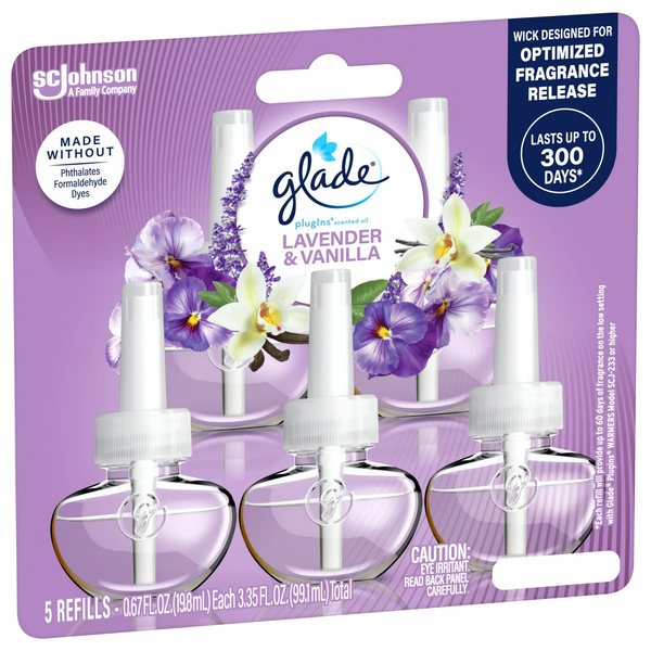 PlugIns Scented Oil 5 Refills, Air Freshener, Lavender & Vanilla Fragrance, Essential Oil Infused Wall Plug In, 3.35 oz - 3 packs - plus 3 My Outlet Mall Resealable Storage Pouches