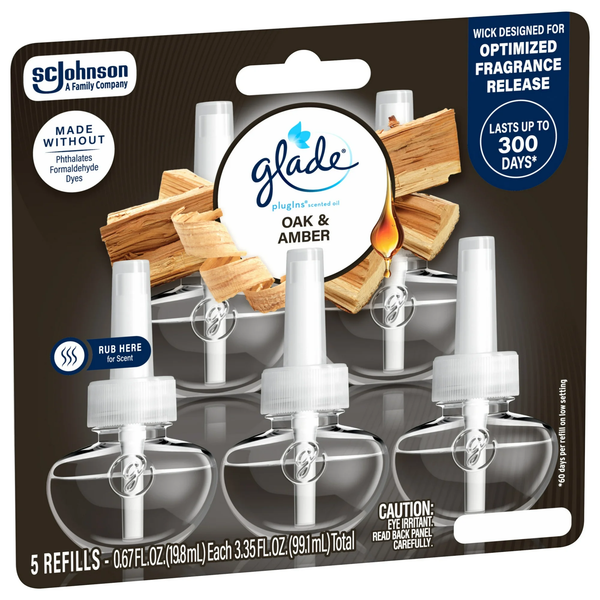 PlugIns Scented Oil 5 Refills, Air Freshener, Oak & Amber, Essential Oil Infused Wall Plug In, 3.35 oz - 1 pack - 5 Count  per pack plus 3 My Outlet Mall Resealable Storage Pouches