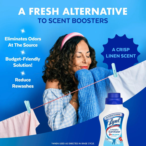 Laundry Sanitizer Additive, 0% Bleach, Crisp Linen - 1 pack - 41 oz per pack - plus 3 My Outlet Mall Resealable Storage Pouches
