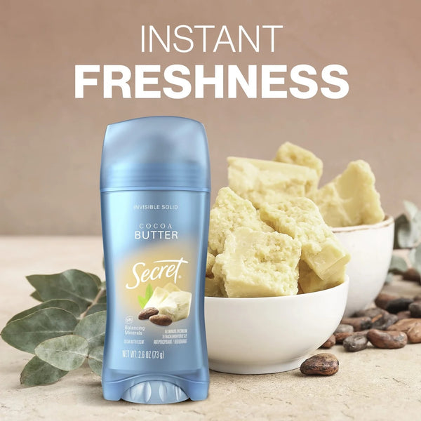Fresh Invisible Solid Antiperspirant Deodorant for Women, Cocoa Butter - 2 packs - 2.6 oz per pack - plus 3 My Outlet Mall Resealable Storage Pouches