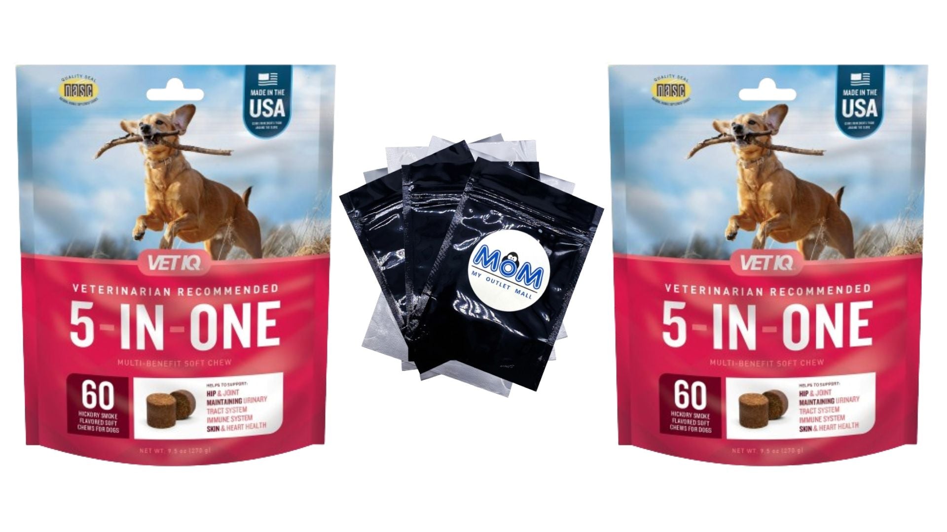5-in-One Multi-Benefit Supplement for Dogs Hickory Smoke Flavored Soft Chew - 2 Packs - 60 counts per pack - plus 3 My Outlet Mall Resealable Storage Pouches