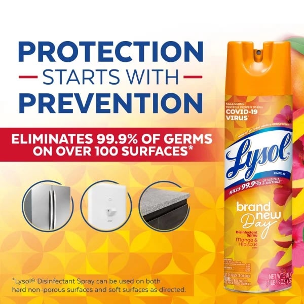Disinfectant Spray, Sanitizing and Antibacterial Spray, For Disinfecting and Deodorizing, Brand New Day - Mango & Hibiscus Scent - 1 pack - 19 Fl oz per pack - plus 3 My Outlet Mall Resealable Storage Pouches