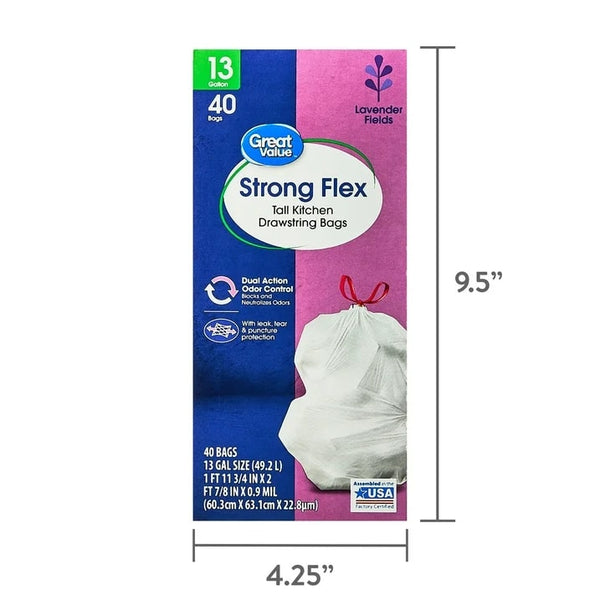Strong Flex 13-Gallon Drawstring Tall Kitchen Trash Bags, Lavender Fields - 1 pack - 40 Count per pack - plus 3 My Outlet Mall Resealable Storage Pouches