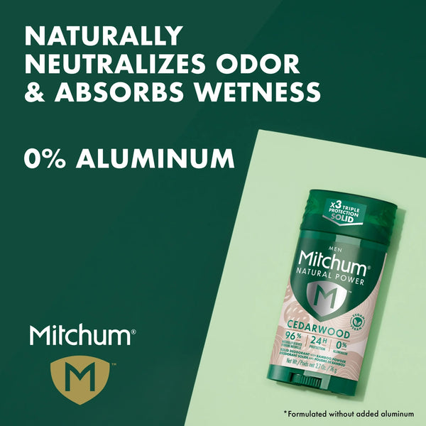 Men’s Natural Power Deodorant Solid, Cedarwood - 2 packs - 2.7 oz per pack - plus 3 My Outlet Mall Resealable Storage Pouches