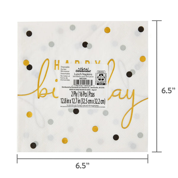 6.5" x 6.5" Disposable Gold/White Happy Birthday Paper Napkins - 1 pack - 20 Count per pack - plus 3 My Outlet Mall Resealable Storage Pouches