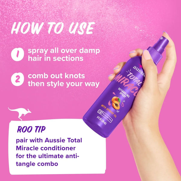 Total Miracle Hair Detangling Spray with Apricot Oil for All Hair Types - 1 pack - 8Fl oz per pack - plus 3 My Outlet Mall Resealable Storage Pouches
