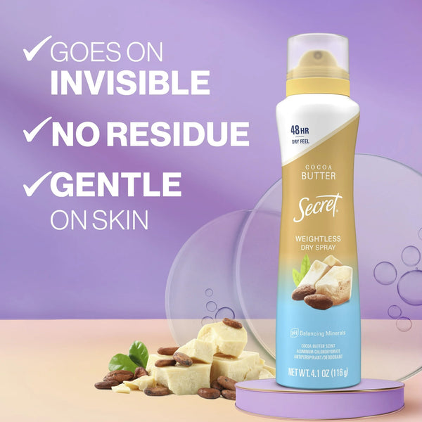 Weightless Dry Spray Antiperspirant & Deodorant for Women, Cocoa Butter Scent - 1 pack - 4.1 oz per pack - plus 3 My Outlet Mall Resealable Storage Pouches