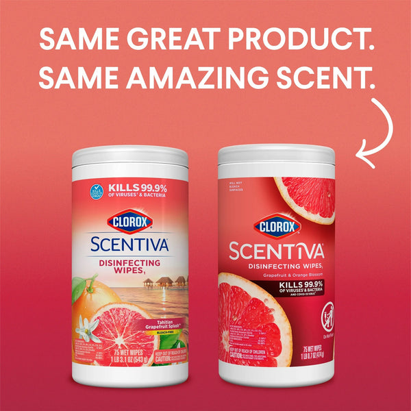 Scentiva Bleach-Free Cleaning Wipes, Grapefruit & Orange Blossom - 2 packs - 75 count per pack - plus 3 My Outlet Mall Resealable Storage Pouches