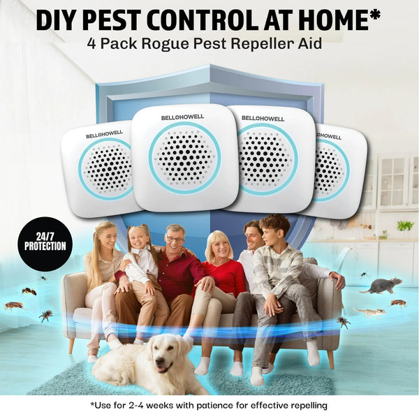 Rogue Ultrasonic Pest Repeller Aid for Home, Mouse Rodent Insect Bug Repellent - 2 packs - 4 Count - plus 3 My Outlet Mall Resealable Storage Pouches