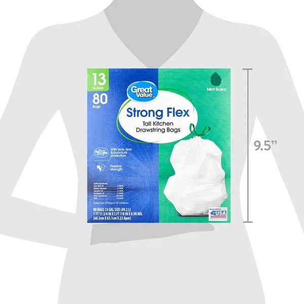 Strong Flex Tall Kitchen Drawstring Bags, Mint Scent, 13 Gallon - 1 pack - 80 Count per pack - plus 3 My Outlet Mall Resealable Storage Pouches