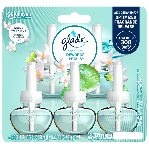 PlugIns Refills Air Freshener, Dewdrop Petals, 3.35 oz - 1 pack - 5 Count per pack - plus 3 My Outlet Mall Resealable Storage Pouches