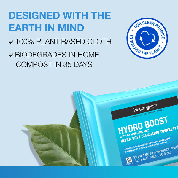 Neutrogena Hydro Boost Face Cleansing Makeup Remover Wipes  2 packs ,25 count per pack  plus 3 My Outlet Mall Resealable Storage Pouches