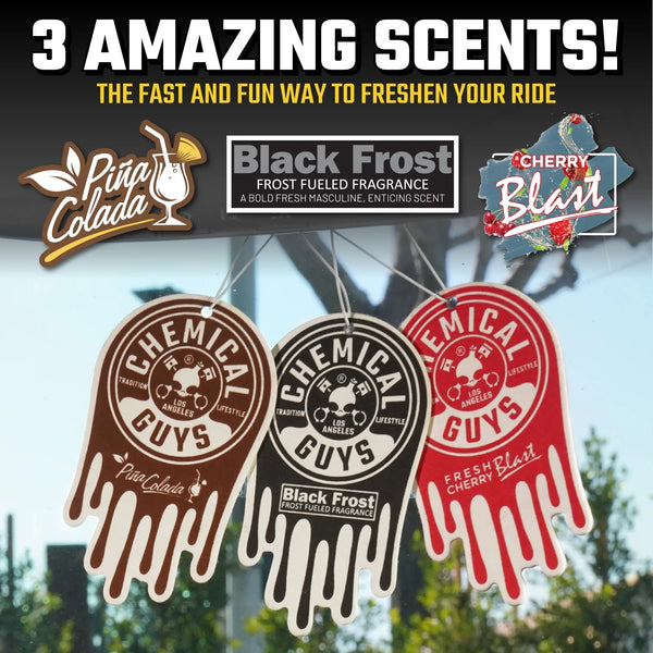 Hanging Air Freshener Variety, Black Frost, Cherry Blast, Pina Colada - 2 packs - 3 count per pack - plus 3 My Outlet Mall Resealable Storage Pouches