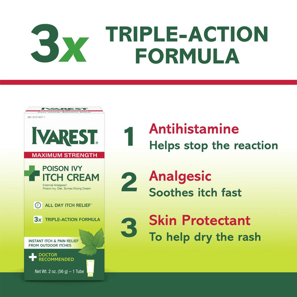 Poison Ivy Medicated Cream, Max Strength Relief, Fast-Acting, Anti-Itch, Unscented - 1 pack - 2 oz per pack - plus 3 My Outlet Mall Resealable Storage Pouches