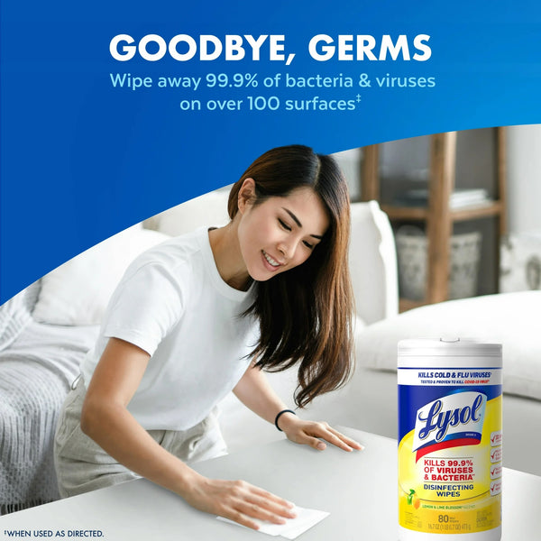 Disinfectant Wipes, Multi-Surface Antibacterial Cleaning Wipes, Lemon and Lime Blossom - 2 packs - 80 count per pack - plus 3 My Outlet Mall Resealable Storage Pouches