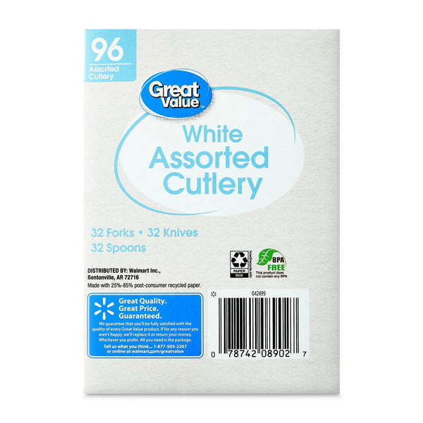 Assorted Plastic Disposable Cutlery Set, White, includes 32F/32S/32K - 2 packs - 96 Count per pack - plus 3 My Outlet Mall Resealable Storage Pouches