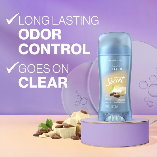 Fresh Invisible Solid Antiperspirant Deodorant for Women, Cocoa Butter - 2 packs - 2.6 oz per pack - plus 3 My Outlet Mall Resealable Storage Pouches