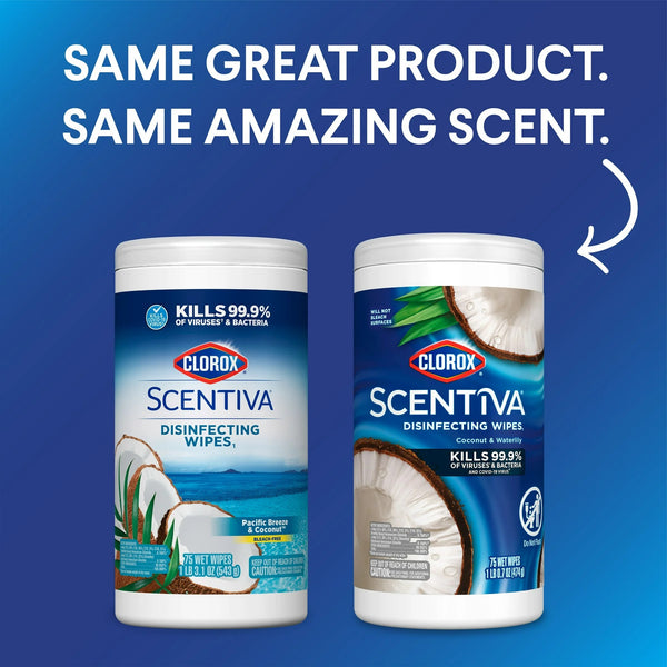 Scentiva Bleach-Free Cleaning Wipes, Coconut and Waterlily - 2 packs - 75 count per pack - plus 3 My Outlet Mall Resealable Storage Pouches