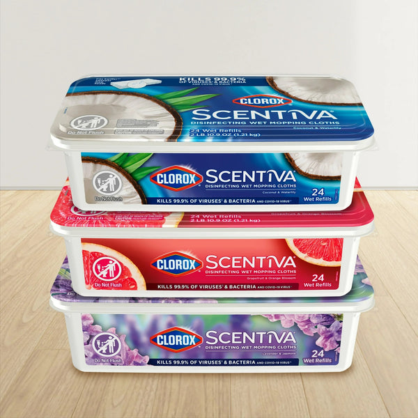 Scentiva Disinfecting Wet Mop Pads, Coconut & Waterlily - 1 pack - 24 count per pack - plus 3 My Outlet Mall Resealable Storage Pouches