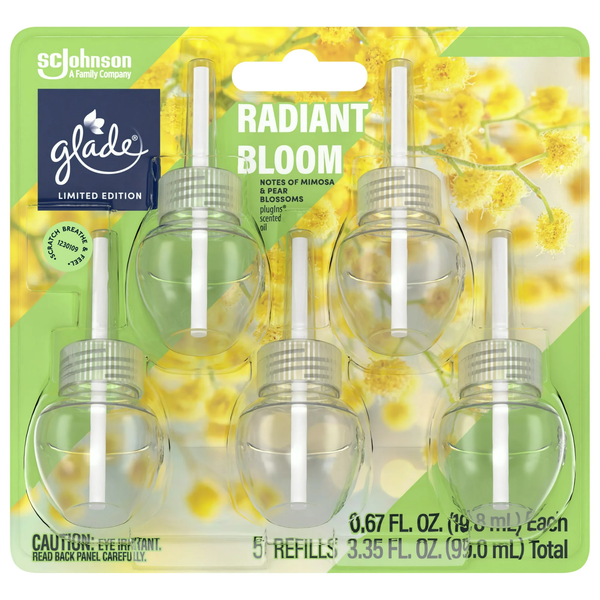 PlugIns Scented Oil Air Freshener, Radiant Bloom Limited Edition, 3.35 oz - 2 packs - 5 Count  per pack - plus 3 My Outlet Mall Resealable Storage Pouches
