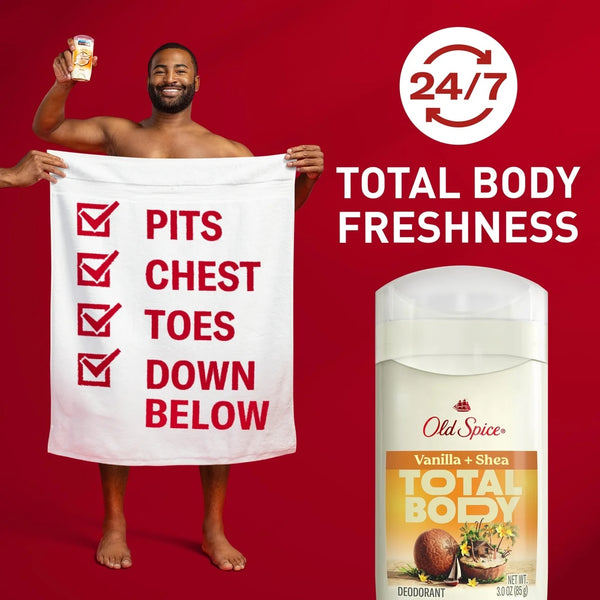 Whole Body Deodorant for Men, Aluminum Free Vanilla + Shea Butter, 24/7 Total Body Freshness, Anti-chafe Stick - 1 pack - 3 oz per pack - plus 3 My Outlet Mall Resealable Storage Pouches