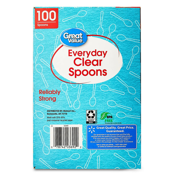 Plastic Everyday Clear Spoons - 2 packs - 100 Count per pack - plus 3 My Outlet Mall Resealable Storage Pouches