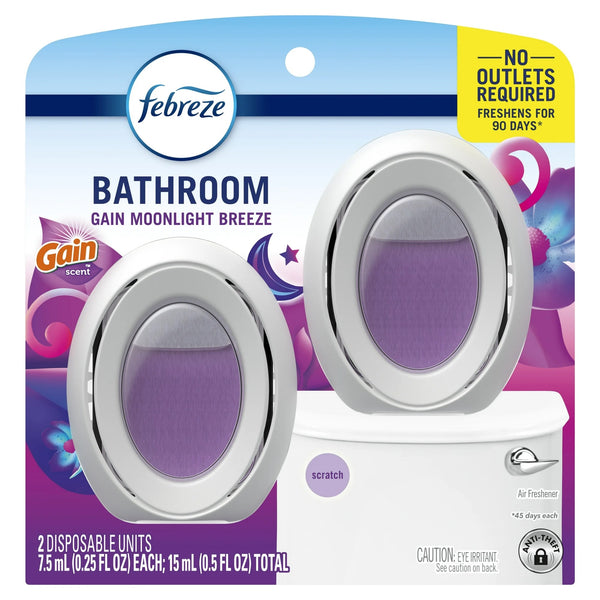 Bathroom Air Freshener, Small Spaces Odor-Fighting, Gain Moonlight Breeze, 2 Count - 2 packs - plus 3 My Outlet Mall Resealable Storage Pouches