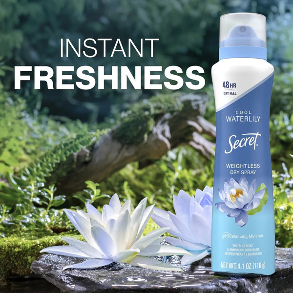 Dry Spray Antiperspirant Deodorant, Waterlily and Argan Oil - 2 packs - 4.1 oz per pack - plus 3 My Outlet Mall Resealable Storage Pouches