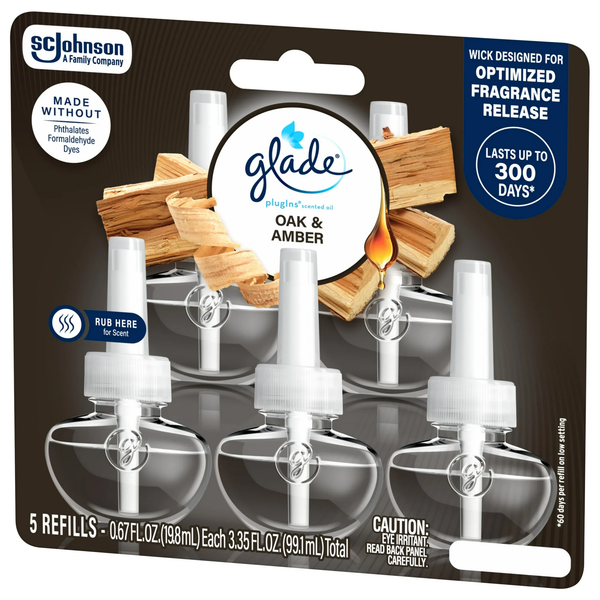 PlugIns Scented Oil 5 Refills, Air Freshener, Oak & Amber, Essential Oil Infused Wall Plug In, 3.35 oz - 1 pack - 5 Count  per pack plus 3 My Outlet Mall Resealable Storage Pouches
